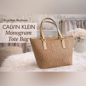 Calvin Klein Brown Monogram Tote Bag Gold Trim Large Shoulder Purse
